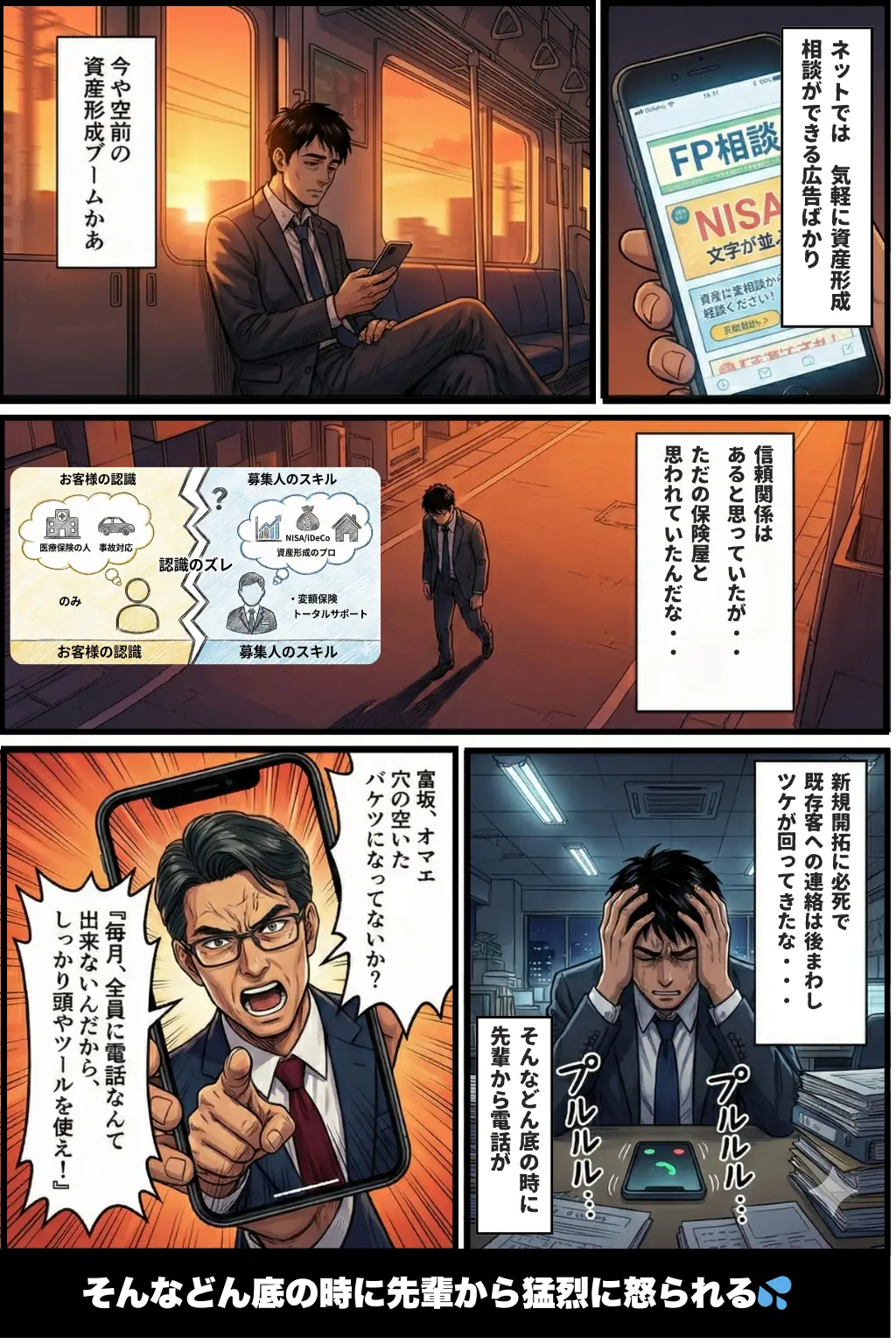 漫画2コマ目：ネットやSNSで他社の情報が届き、既契約者から見えなくなっていく場面